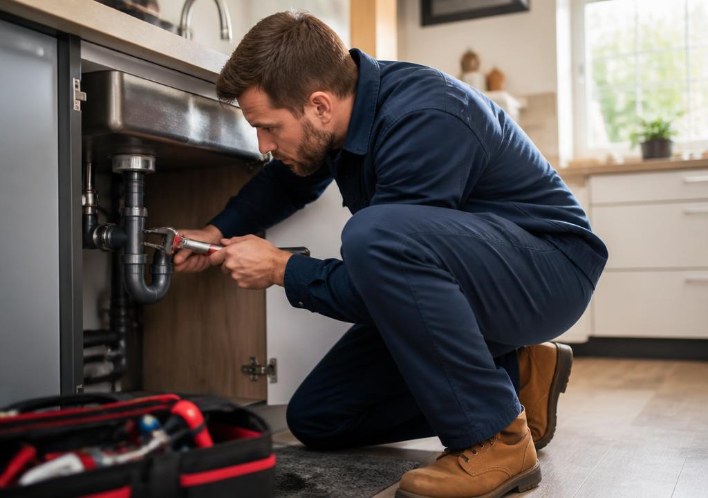 Villarreal Plumbing Inc plumber repairing pipes under a kitchen sink